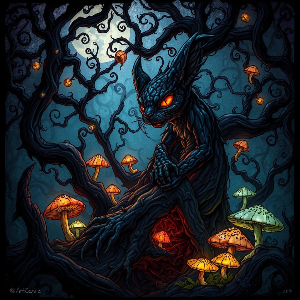 Ethereal Dark Fantasy Chaton in Stained Glass Style