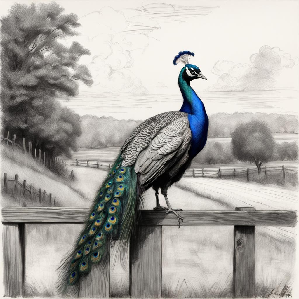 Peacock on Fence: Pencil and Charcoal Illustration