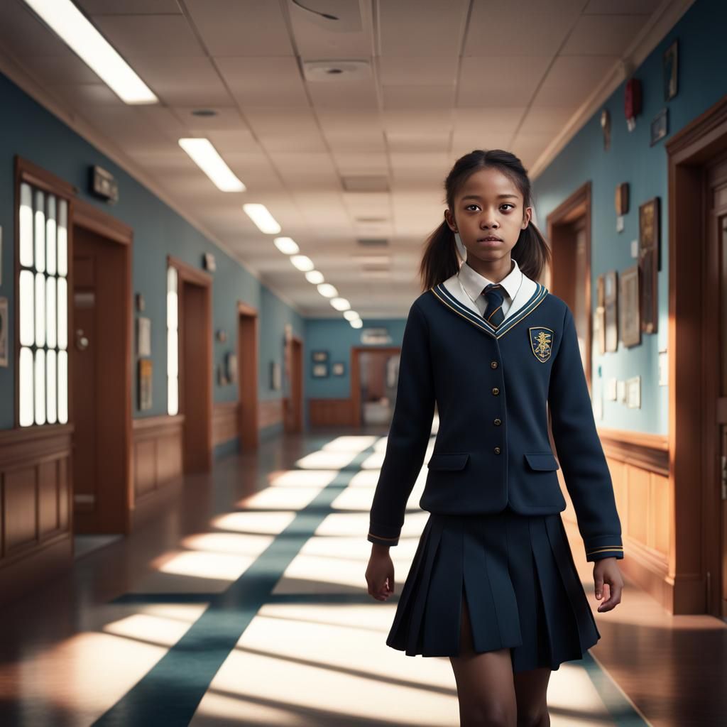 Girl in School Hallway: Detailed Matte Painting
