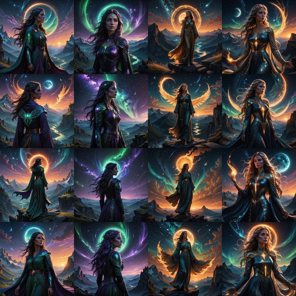 Woman on Ridge Under Twin Moons with Cosmic Hair