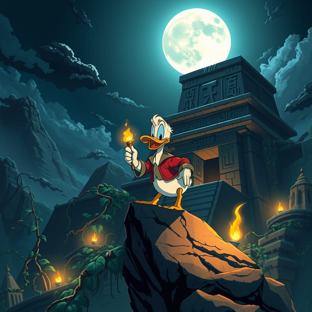Scrooge McDuck at Ancient Temple in Hyperrealistic Style