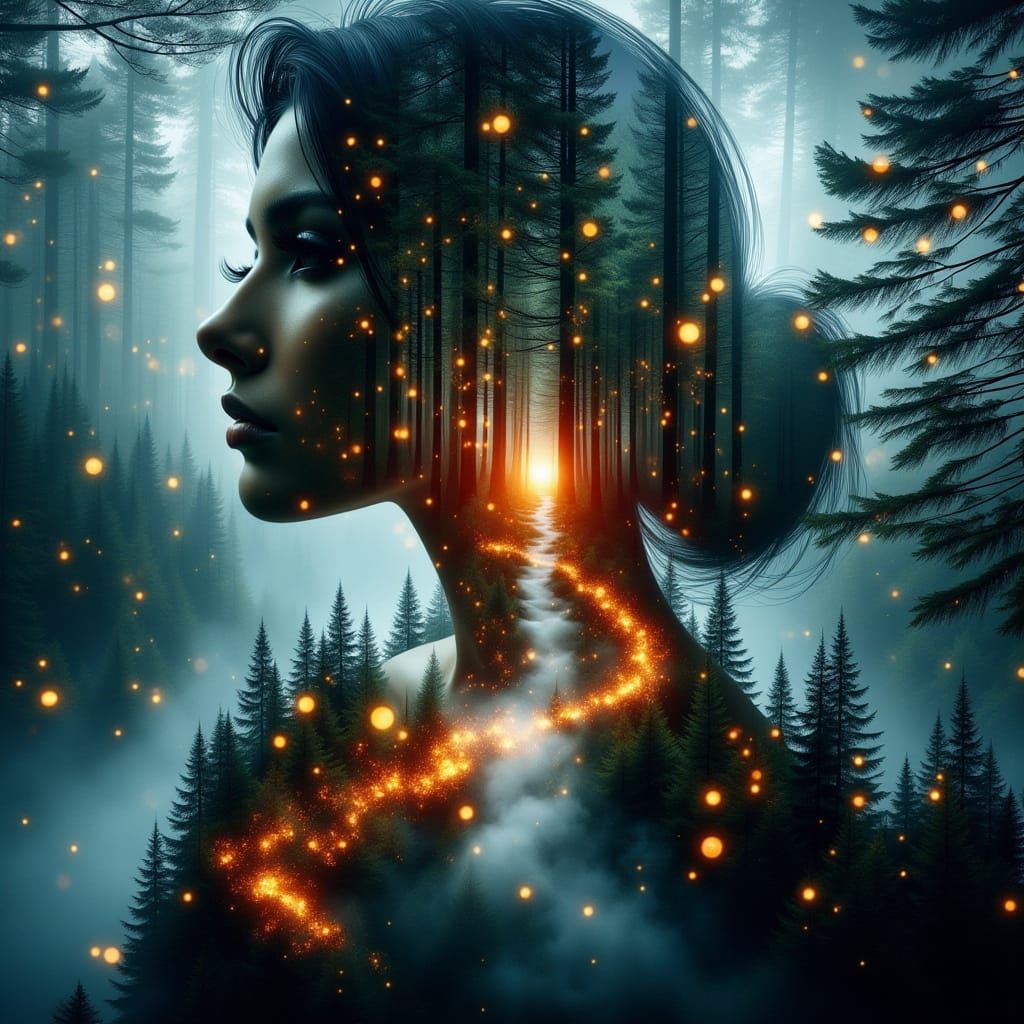 Surreal Goddess Emerges from River Night Scene with Fireflie...