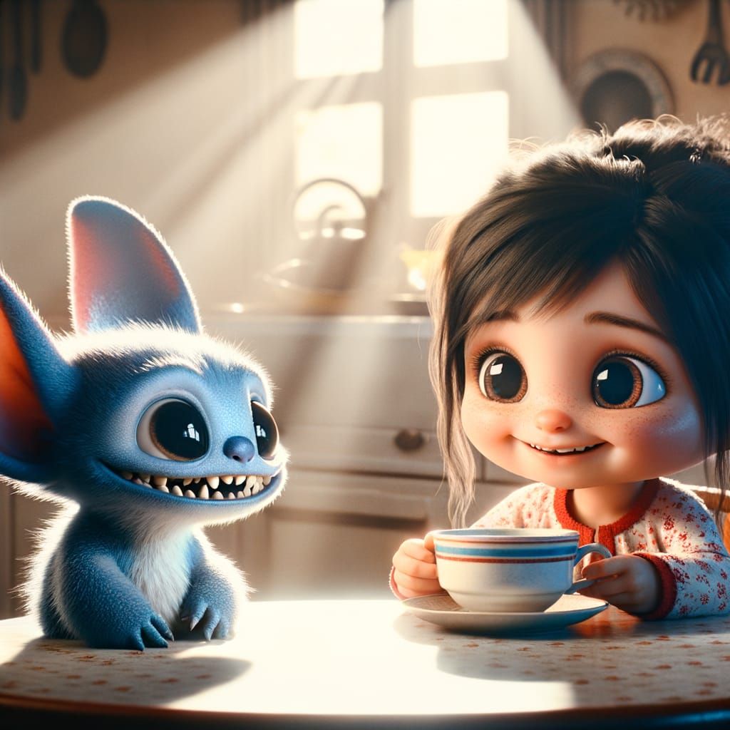 Cozy Morning Moment with Girl and Lovable Blue Companion