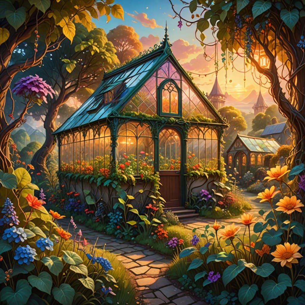 Enchanting Fantasy Countryside with Magical Greenhouse