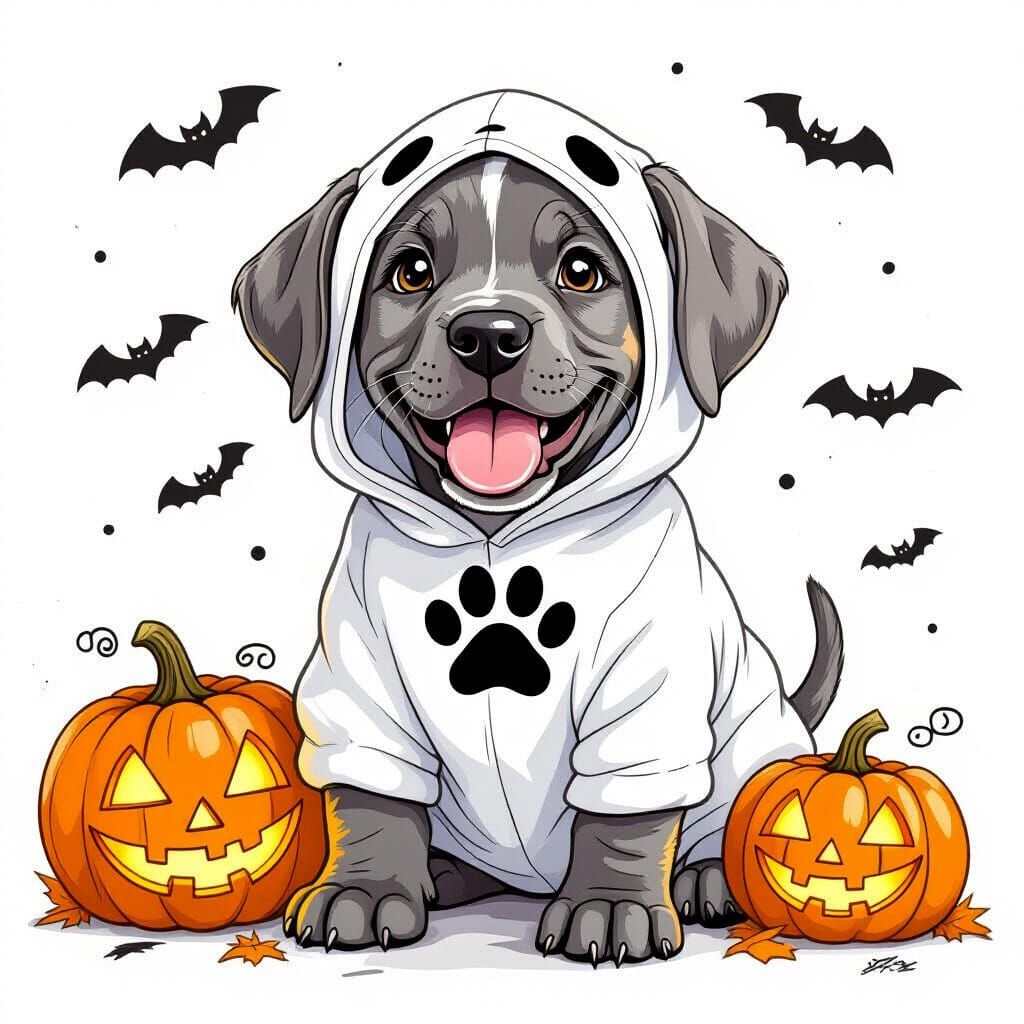Great Dane Puppy in Ghost Costume, Hand-Drawn Style
