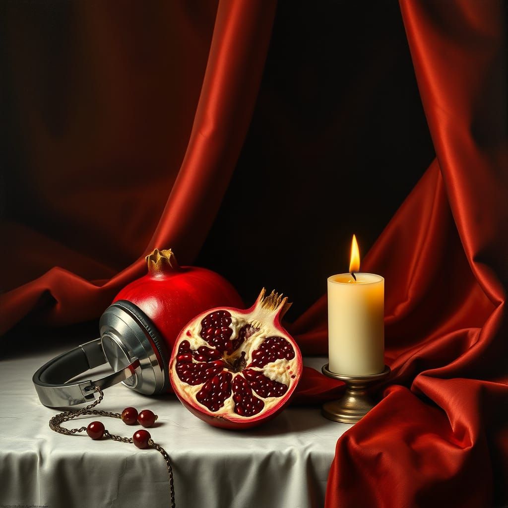 Baroque Still Life with Headphones and Pomegranate
