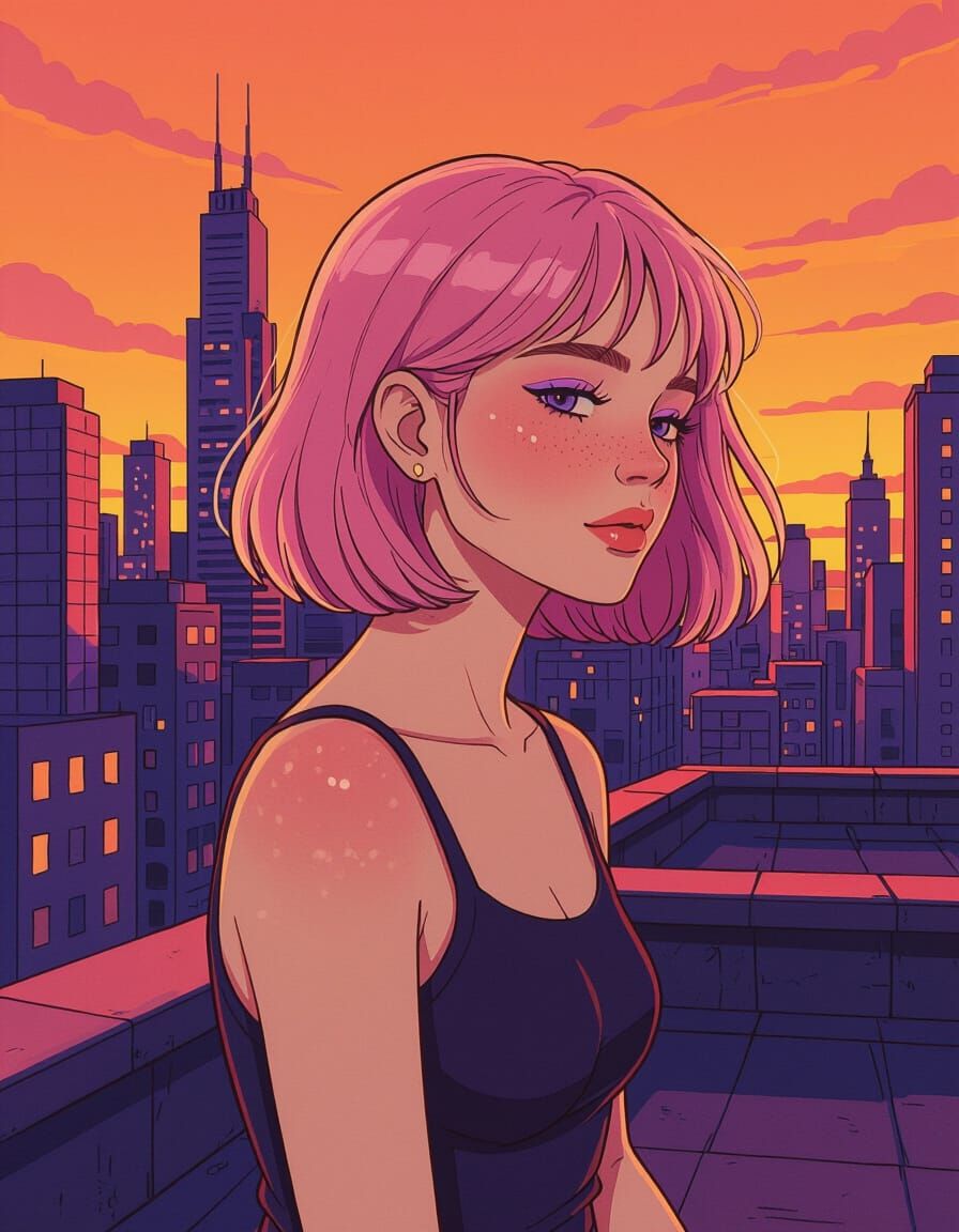 Pink-Haired Woman Contemplates Cityscape at Sunset