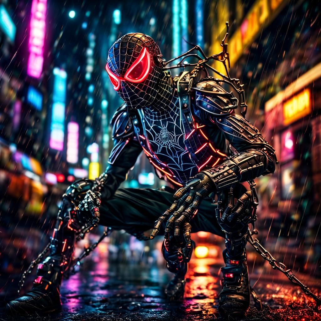 Cyberpunk Cyborg Spider-Punk Swings Through Neon City