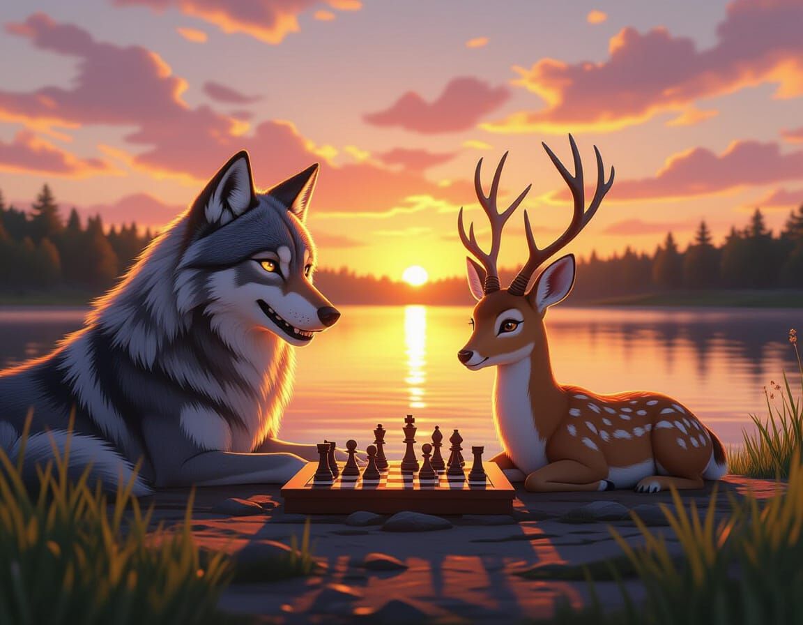 Playful Wolf and Deer Play Chess at Sunset