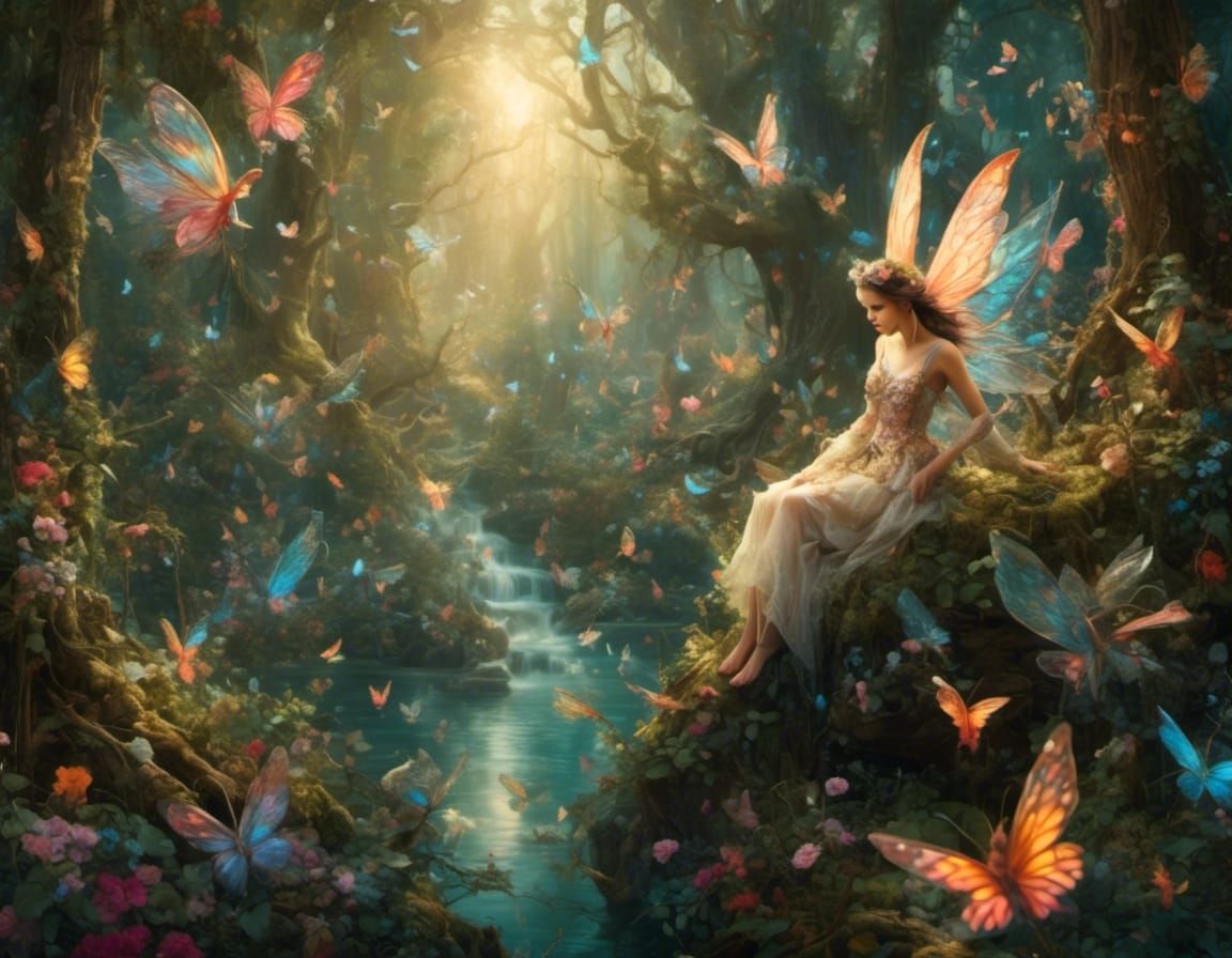 Fairy Crying Over Enchanted Woods in Hyperreal Style