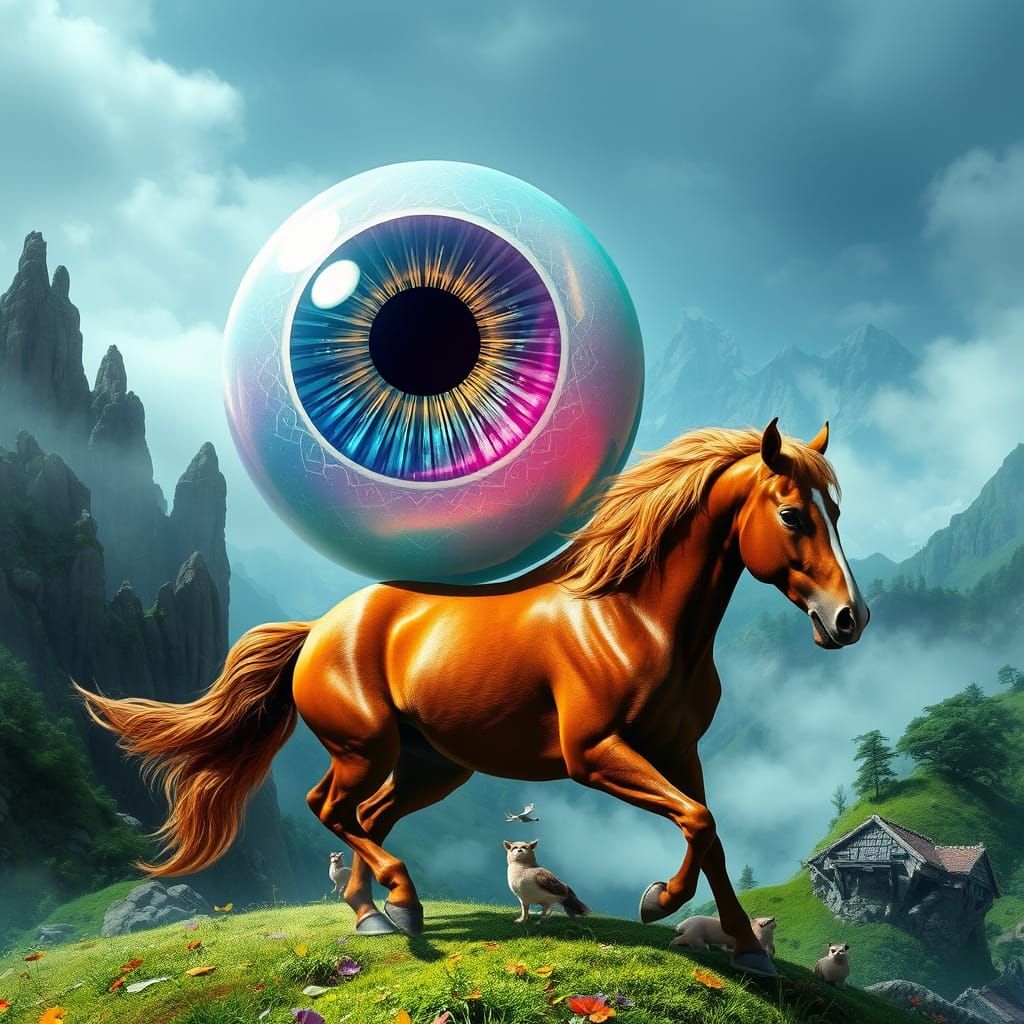 A Majestic Eyeball Rides a Chestnut Horse through Whimsical ...