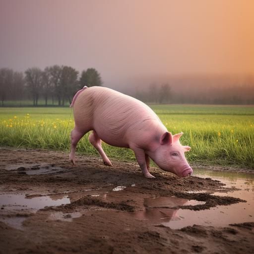 Potbellied pink pig wandering in the mud after a spring rain...