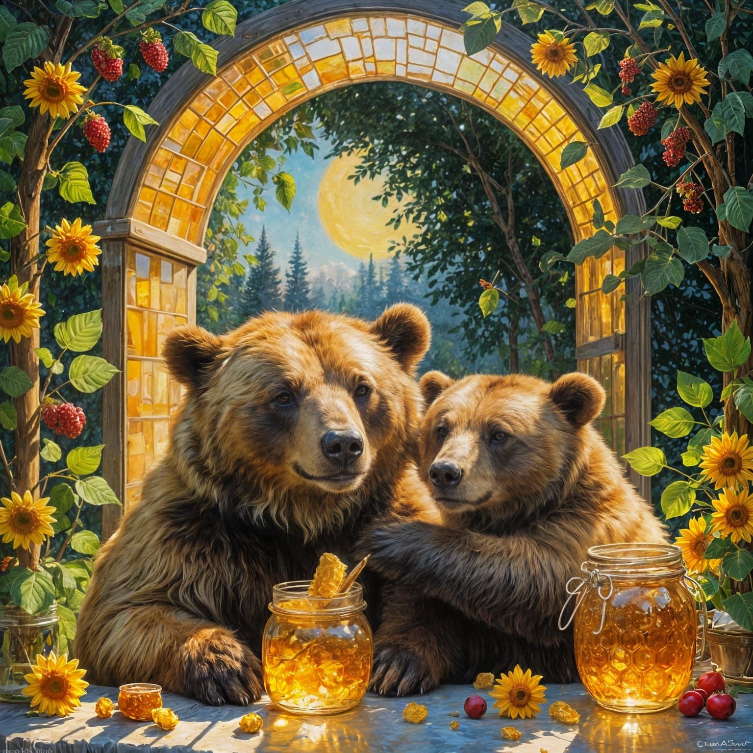 Bears Hugging in Impressionist Honeycomb Installation