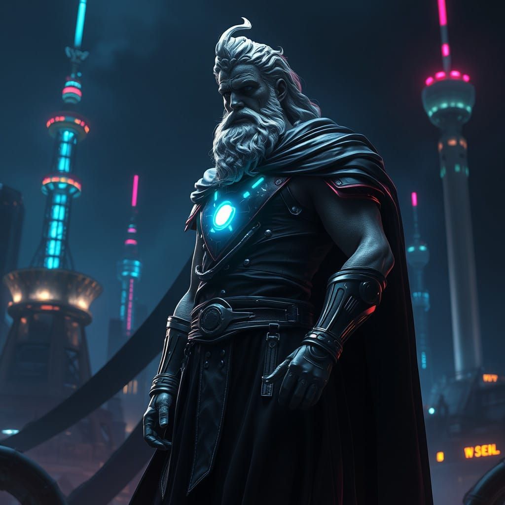 Cyberpunk Zeus in Dark Metropolis