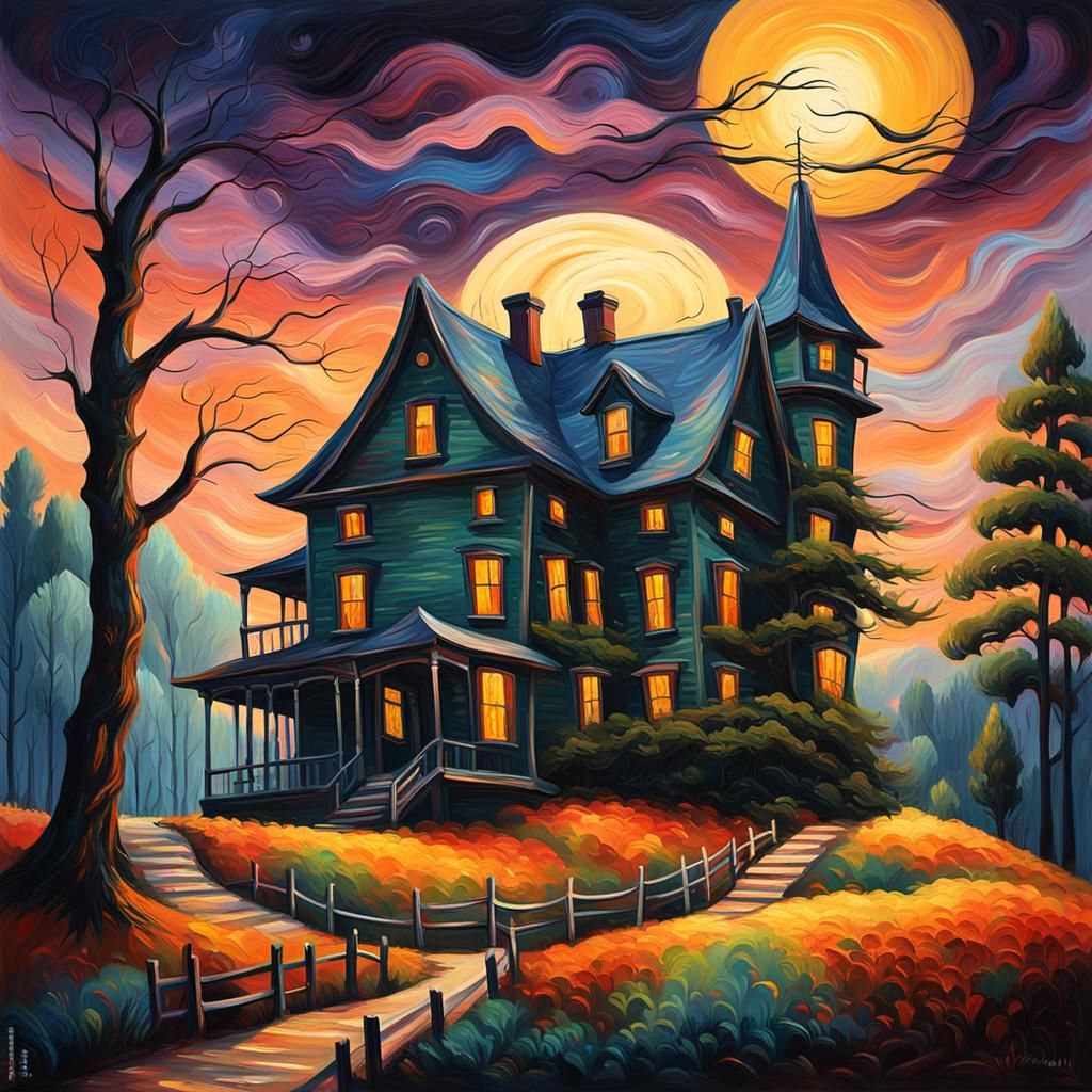 Haunting House on a Hill in Neo-Impressionism Style