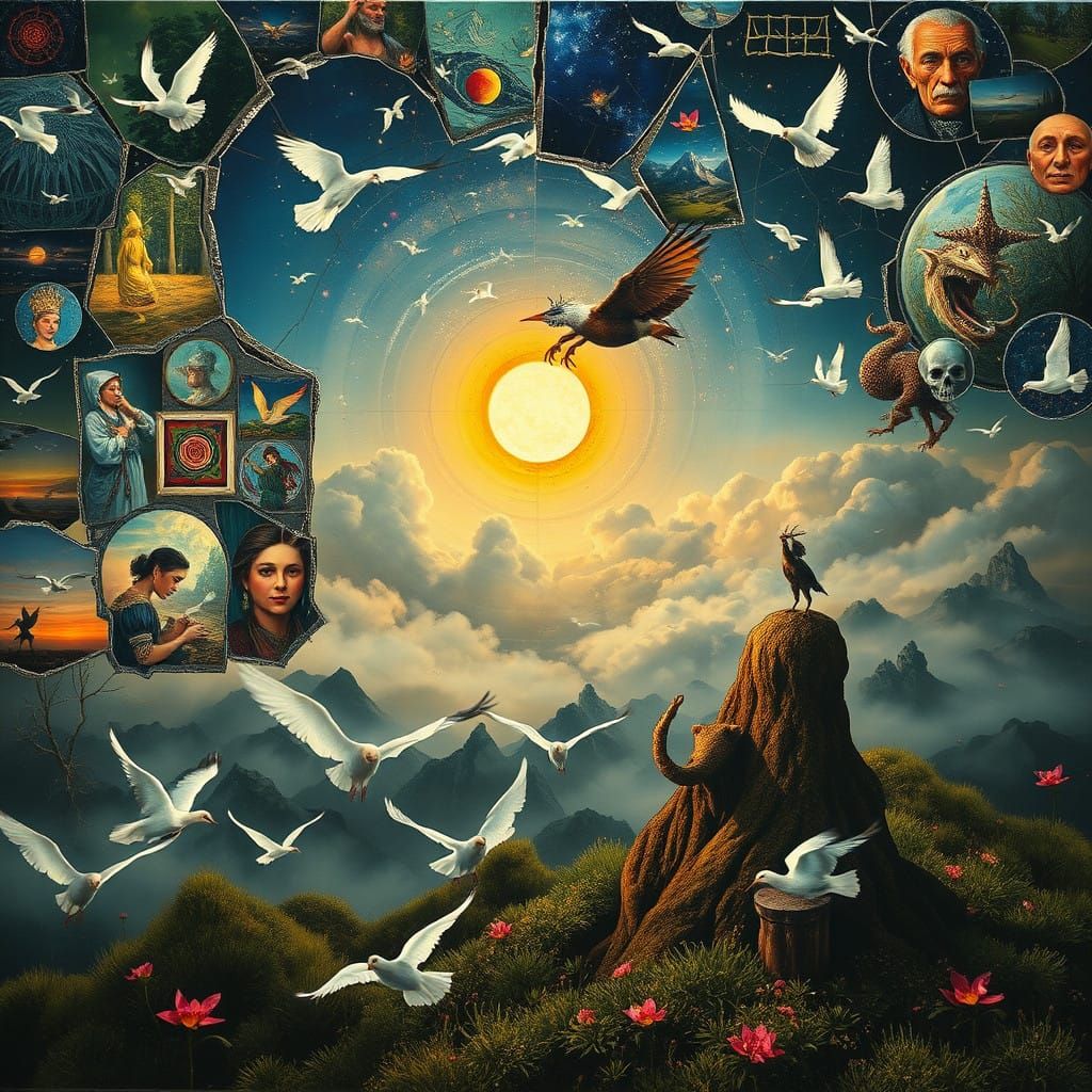 Surreal Dreamscapes Collage with Glowing Mythical Creatures