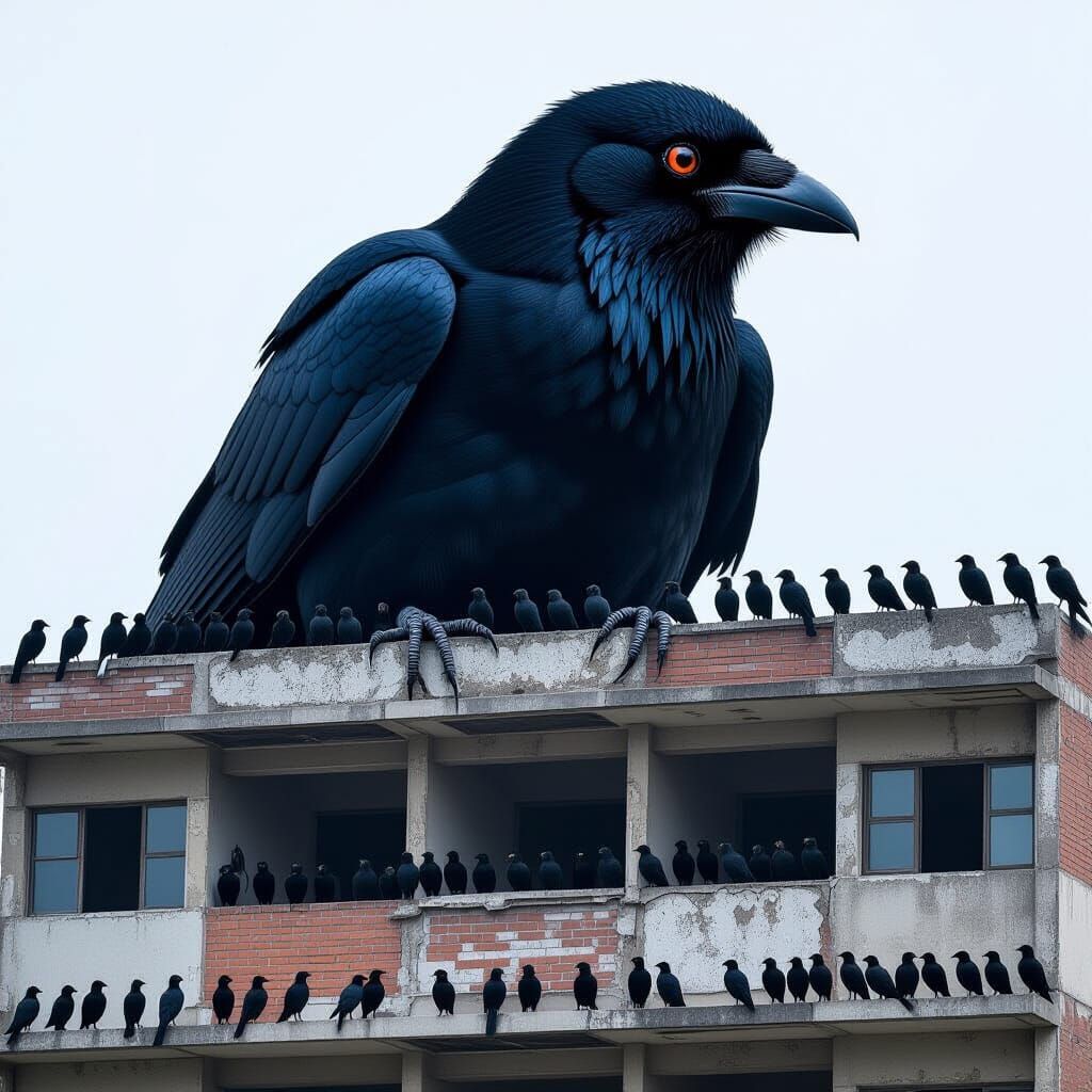Ominous Gathering: Ravens on Derelict Building