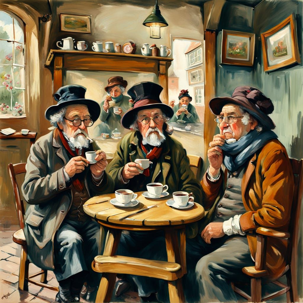 English Biddies Gossip in Cozy Impressionistic Tearoom