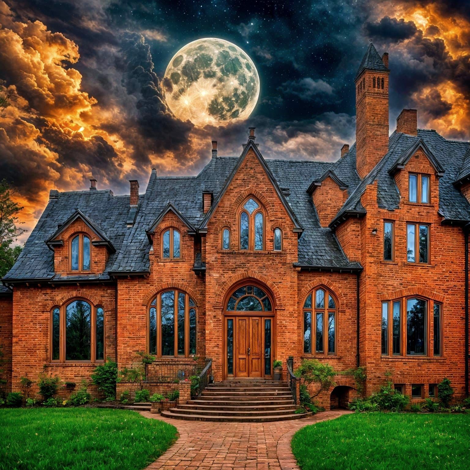 Surreal Brick House Under Moonlit Storm