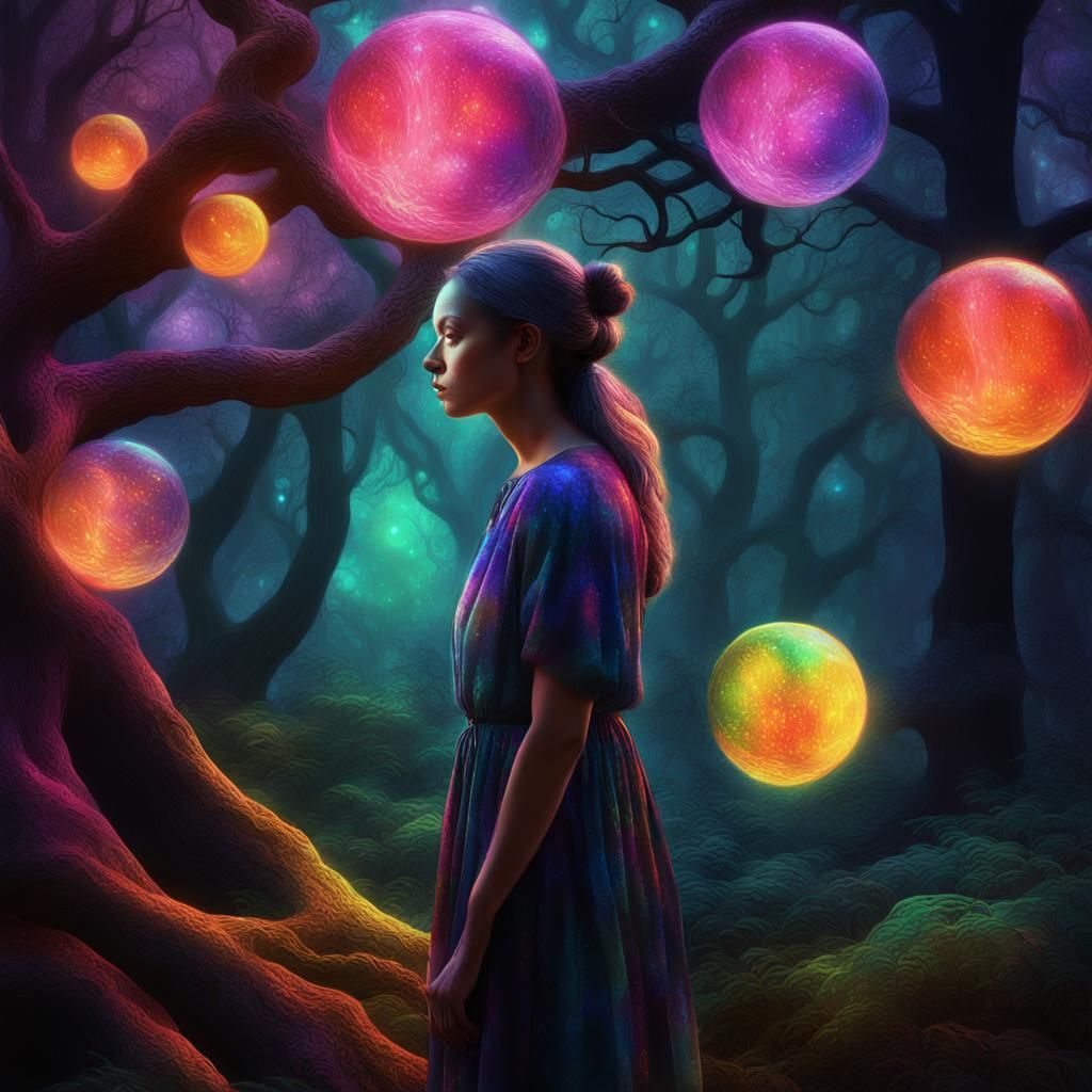 Mystical Forest: Woman Surrounded by Glowing Orbs