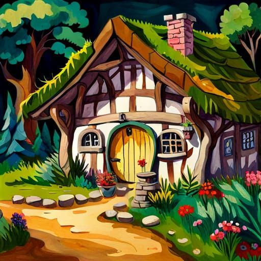 Enchanting Hobbit House in Gouache Style
