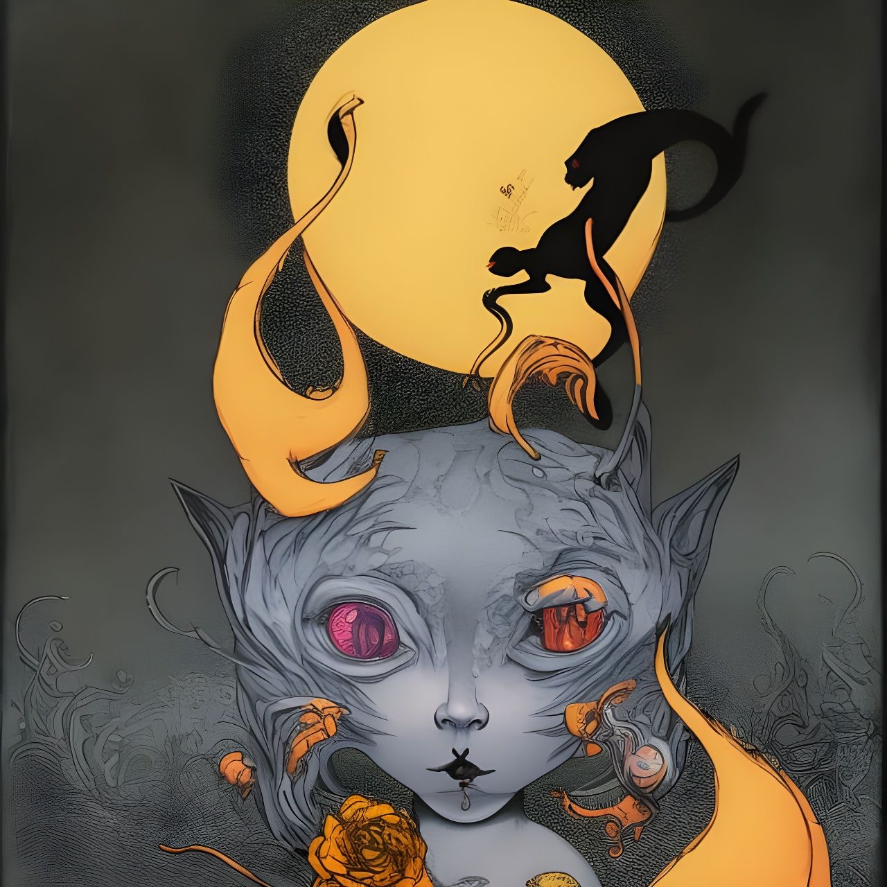 Evil Witch Cat Portrait in Art Deco Style