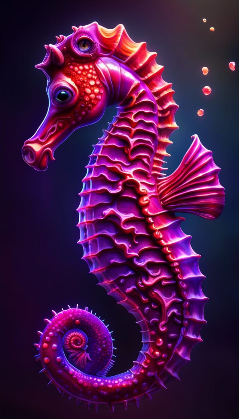Big  glowing sea horse  purple vibrant ,glossy ruby red glossy ,glowing coral with sea horse,real world textures,ultra r...