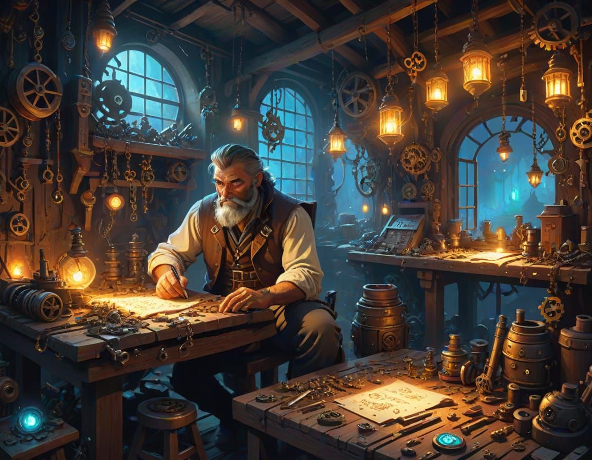 Whimsical Engineer in Magical Workshop, Fantasy Art
