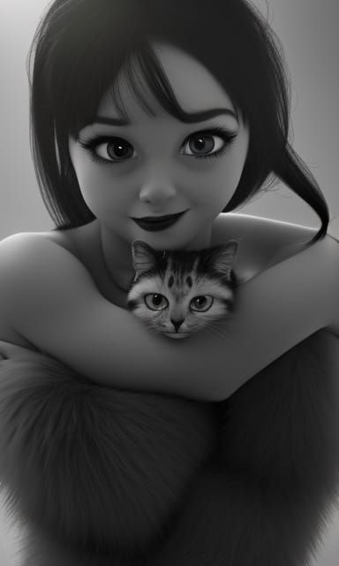 Pixar Cartoon Girl with Cat Portrait