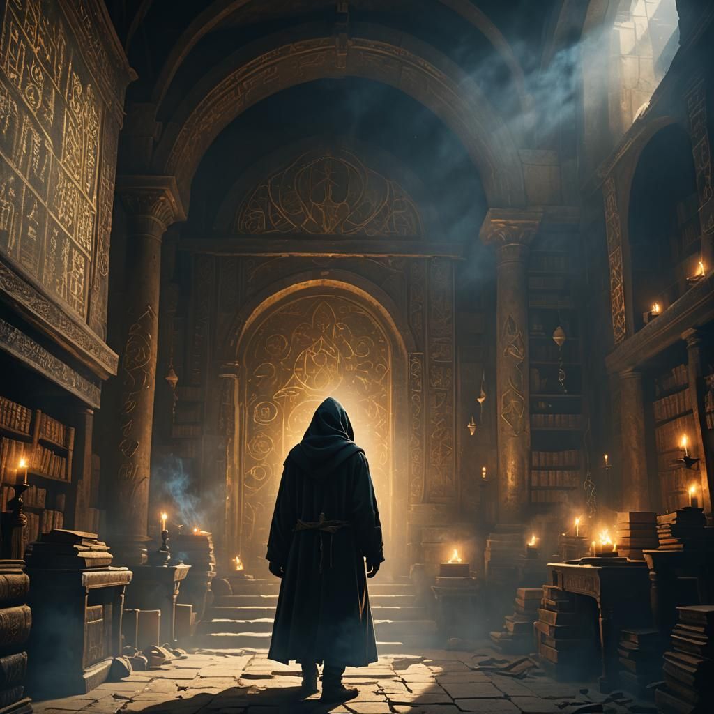 Mysterious Hooded Figure in Grand Chamber