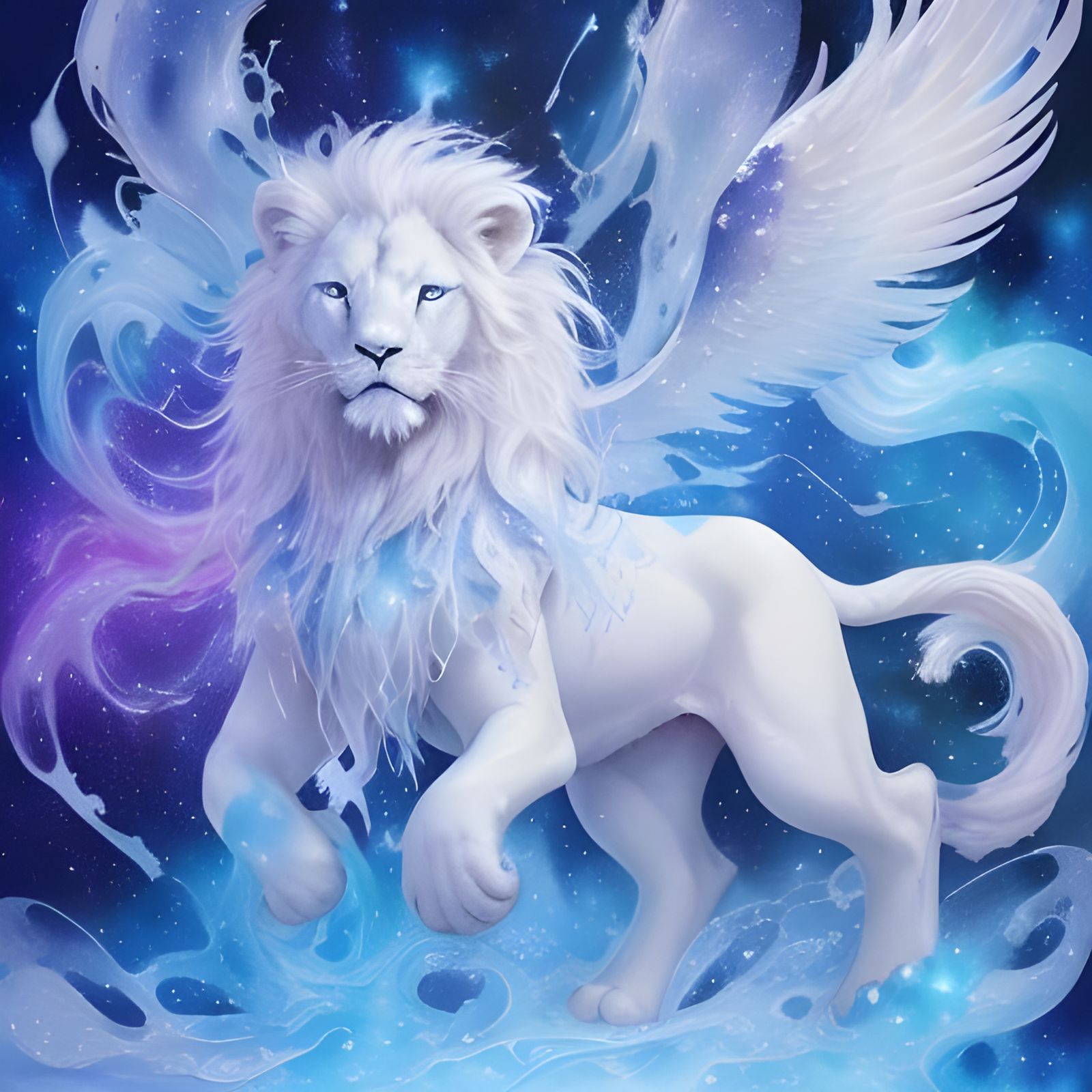 Ethereal White Lion in Space Watercolor Art