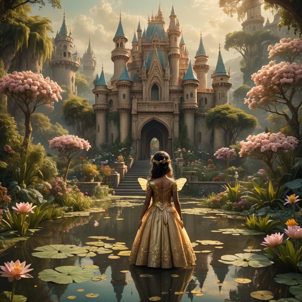 Indian Golden Fairy in Pastel Garden Digital Painting