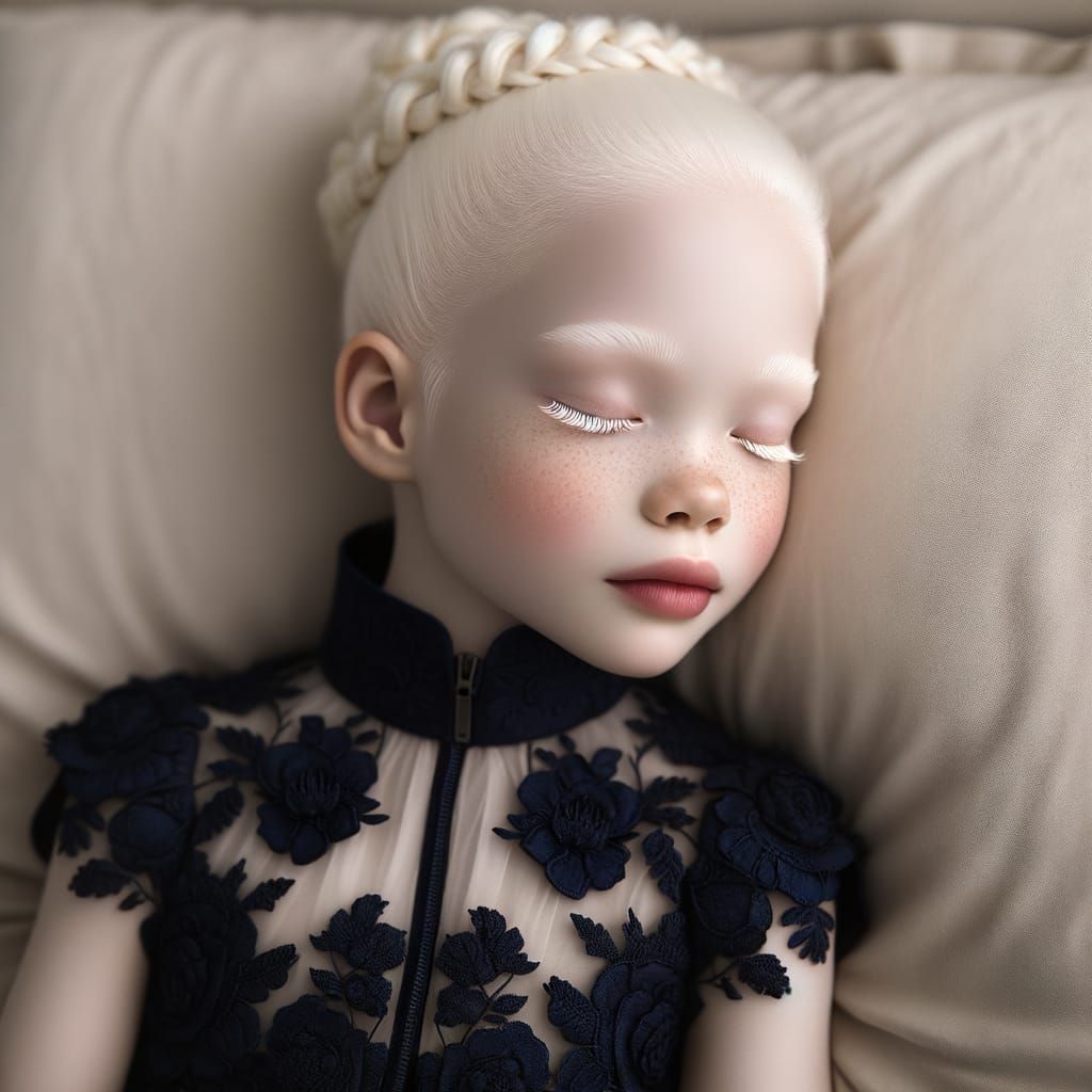 Albino Girl in Navy Dress on Beige Bed: Hyper-Realistic Port...