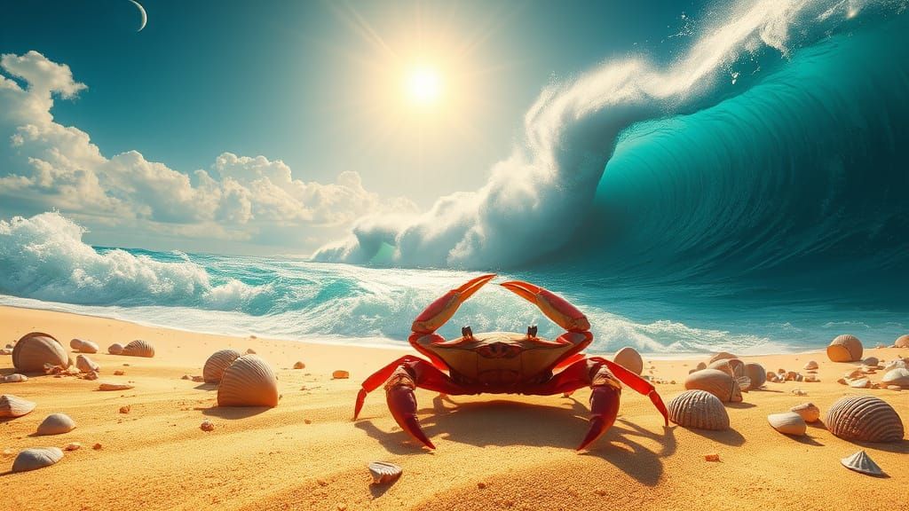 Red Crab on Golden Beach: Fantasy Matte Painting