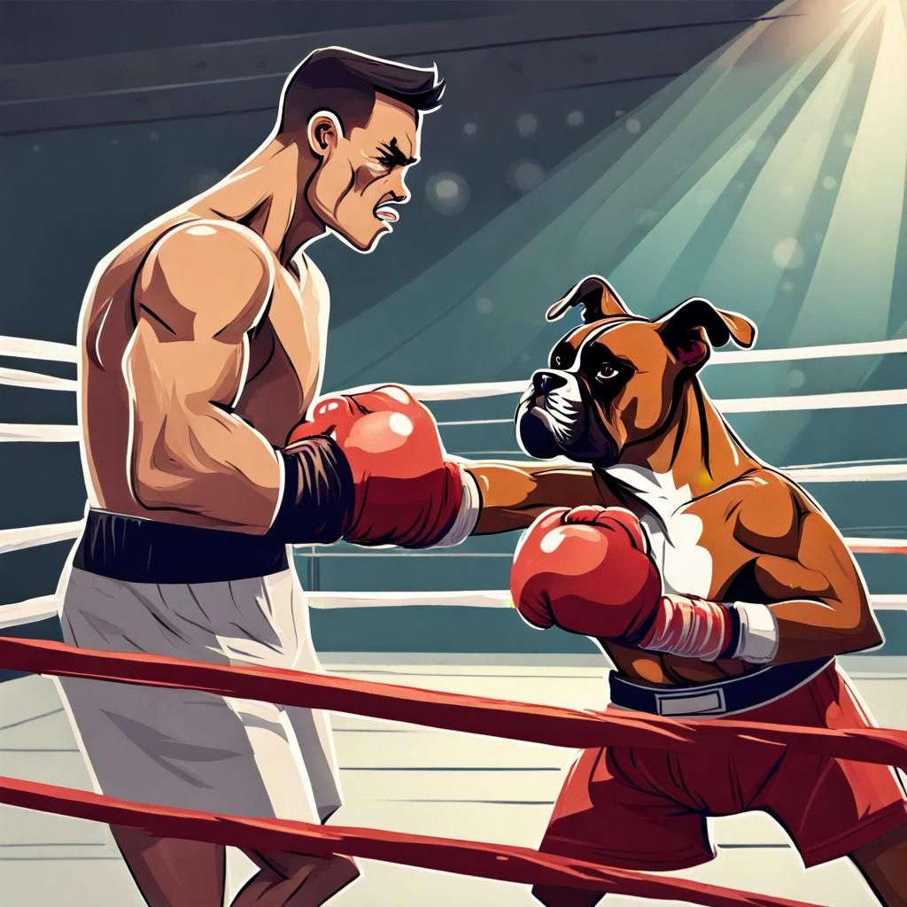 Boxer Dog Boxing Human in Boxing Ring
