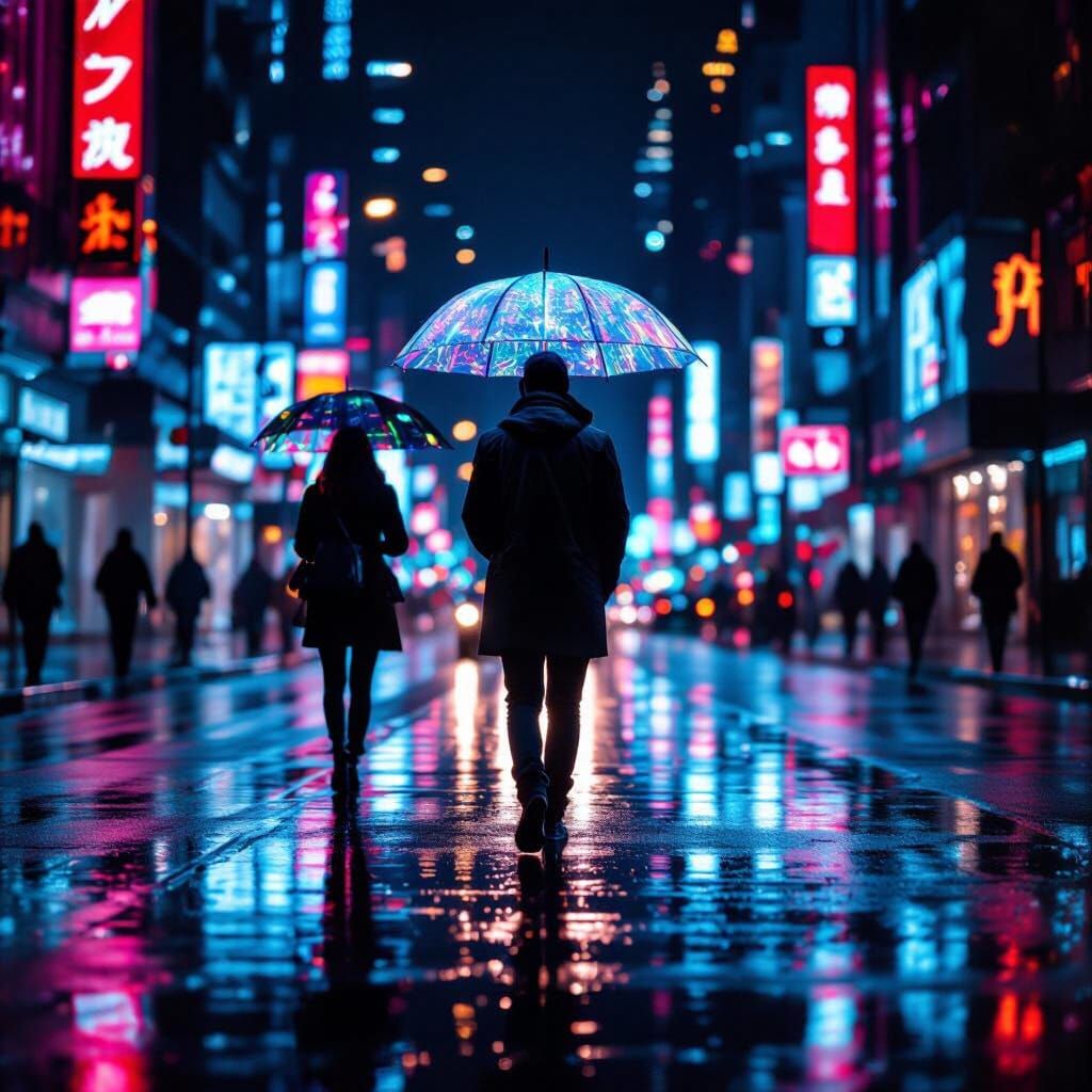 Futuristic Cityscape at Night: Neon Reflections and Cyberpun...