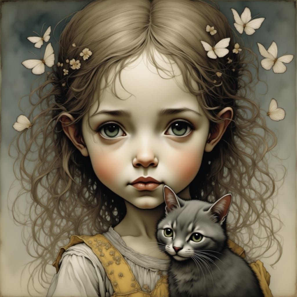 Hyperdetailed Portrait of a Girl and Cat in Dreamlike Style
