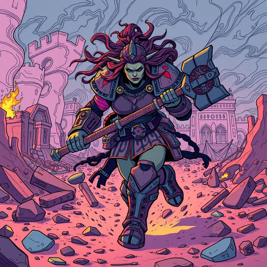 Warhammer Ogre Female Warrior in Sci-Fi Battle Scene