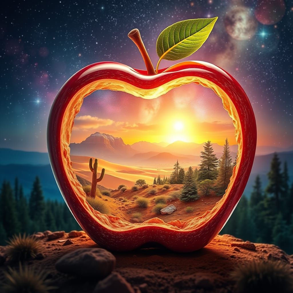 Surreal Quantum Apple Glows in a Vibrant Desert Landscape