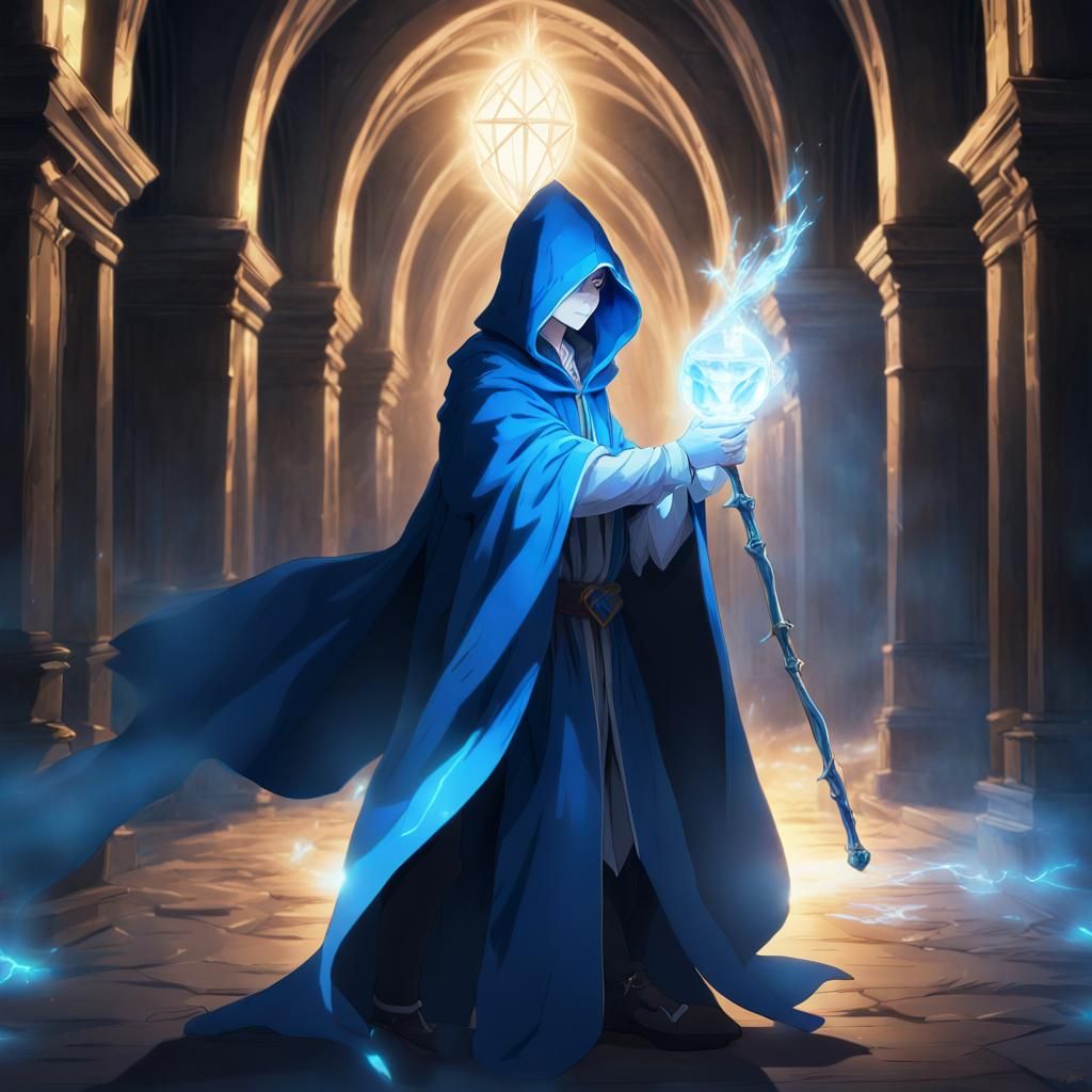 A blue mage exploring a castle holding his crystal staff.