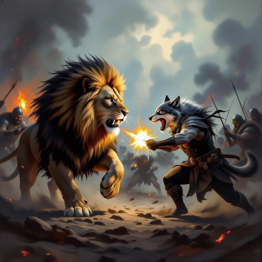 Lion vs Wolf Soldiers in Dark Fantasy Battle Oil Painting