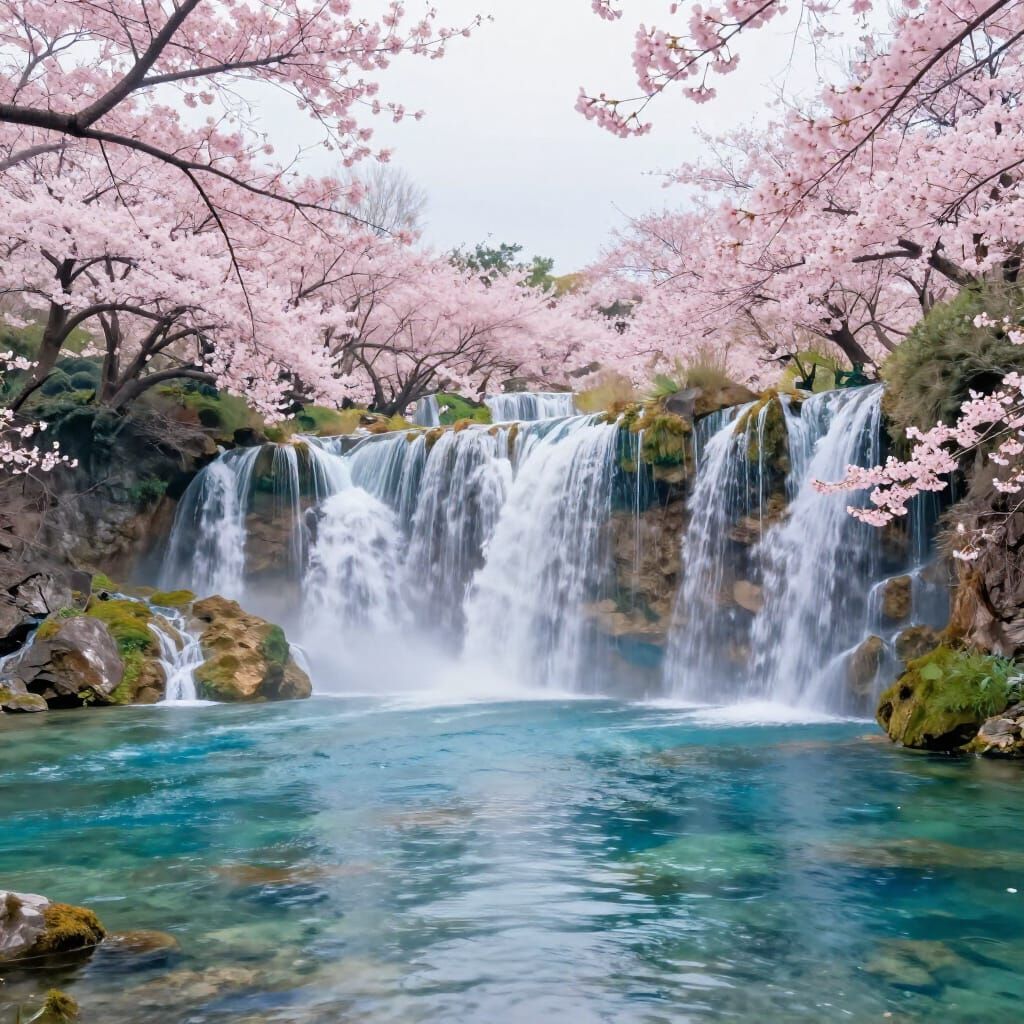 Cascading Waterfalls Amidst Blooming Cherry Blossoms