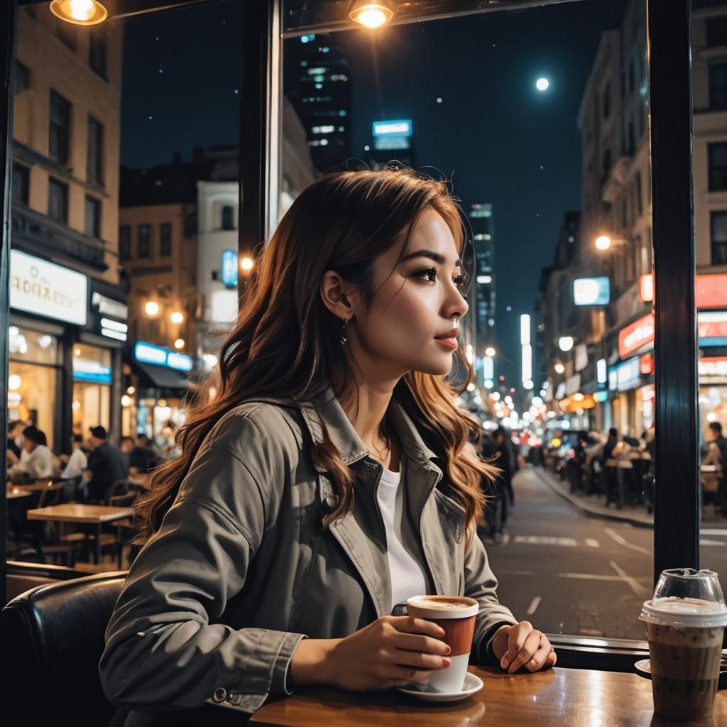 Girl Contemplates City Nightlife From Coffee Shop