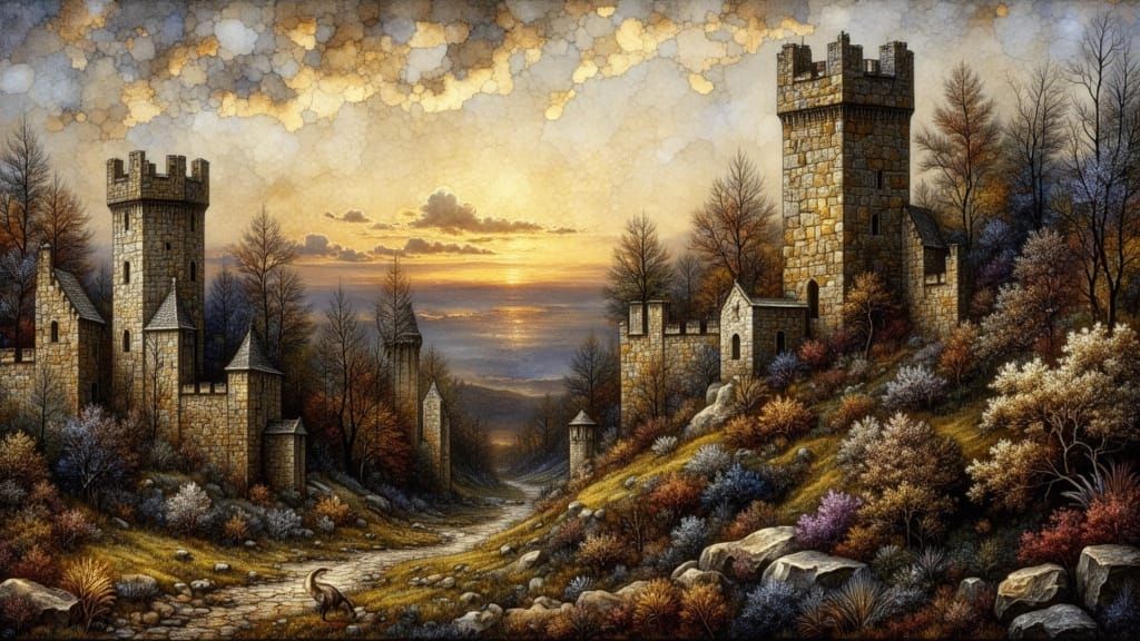 Medieval Castle Ruins in Atmospheric Twilight