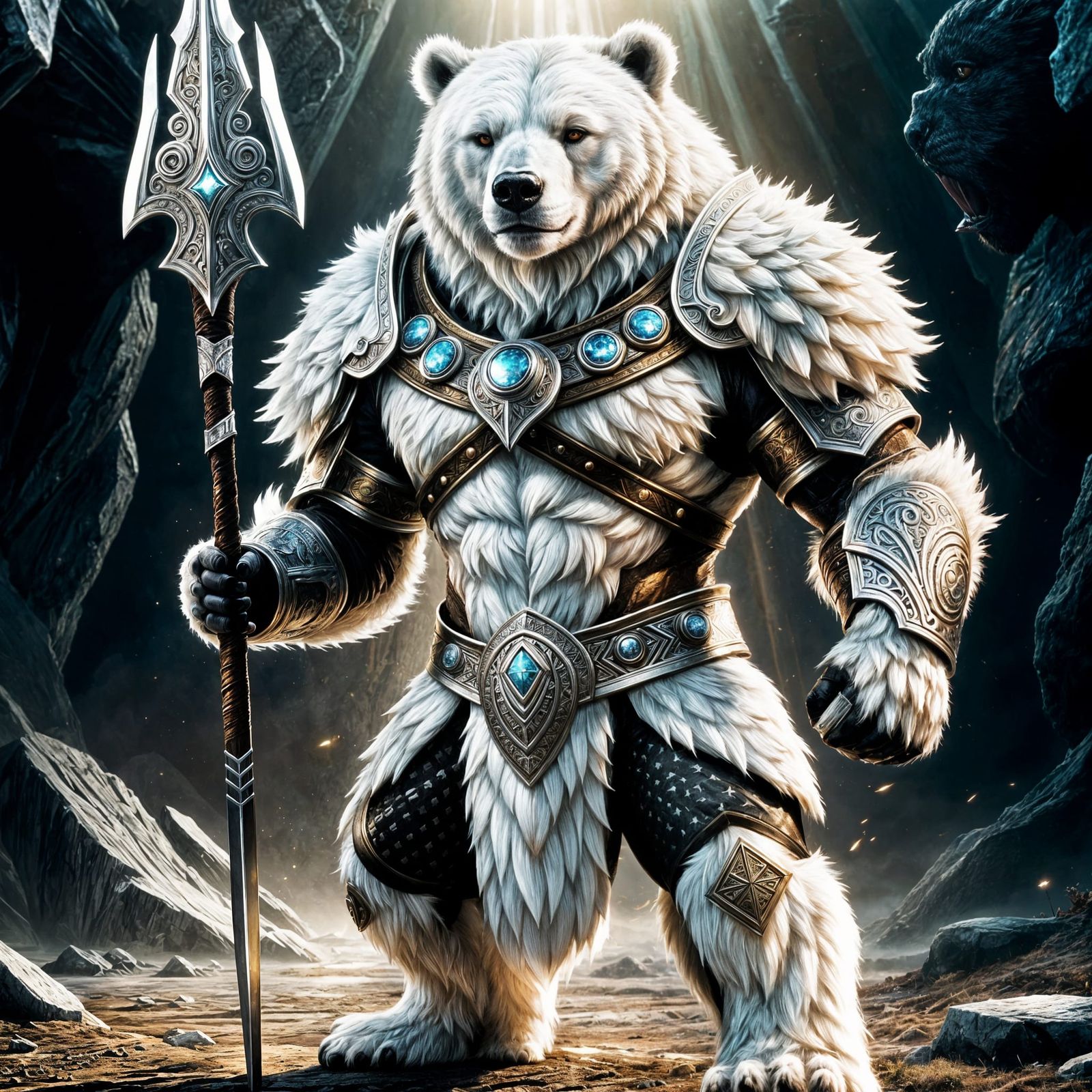 Heroic Bear Warrior with Silver Spear in Comic Book Style