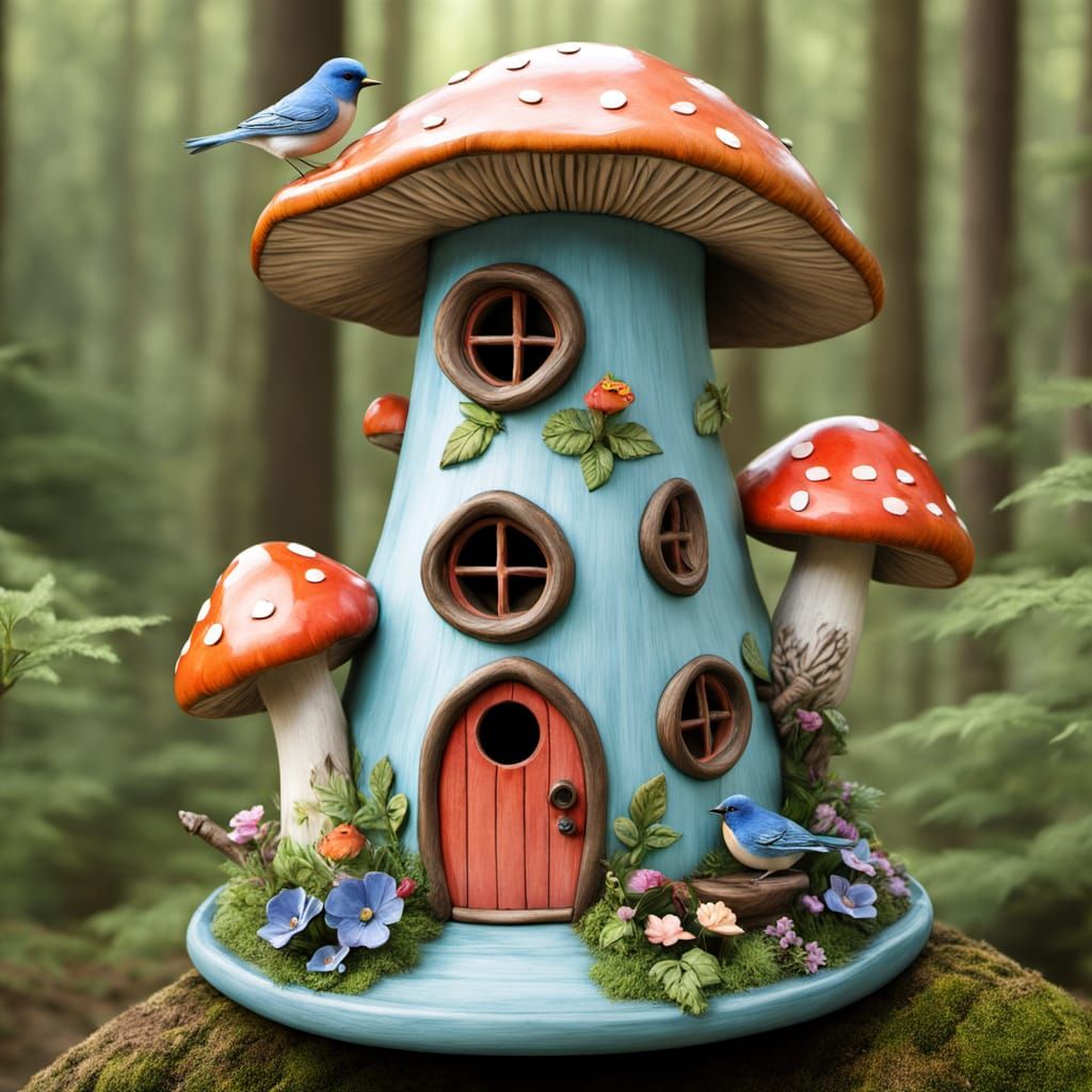 Mushroom Birdhouse in Enchanted Forest, Watercolor Style