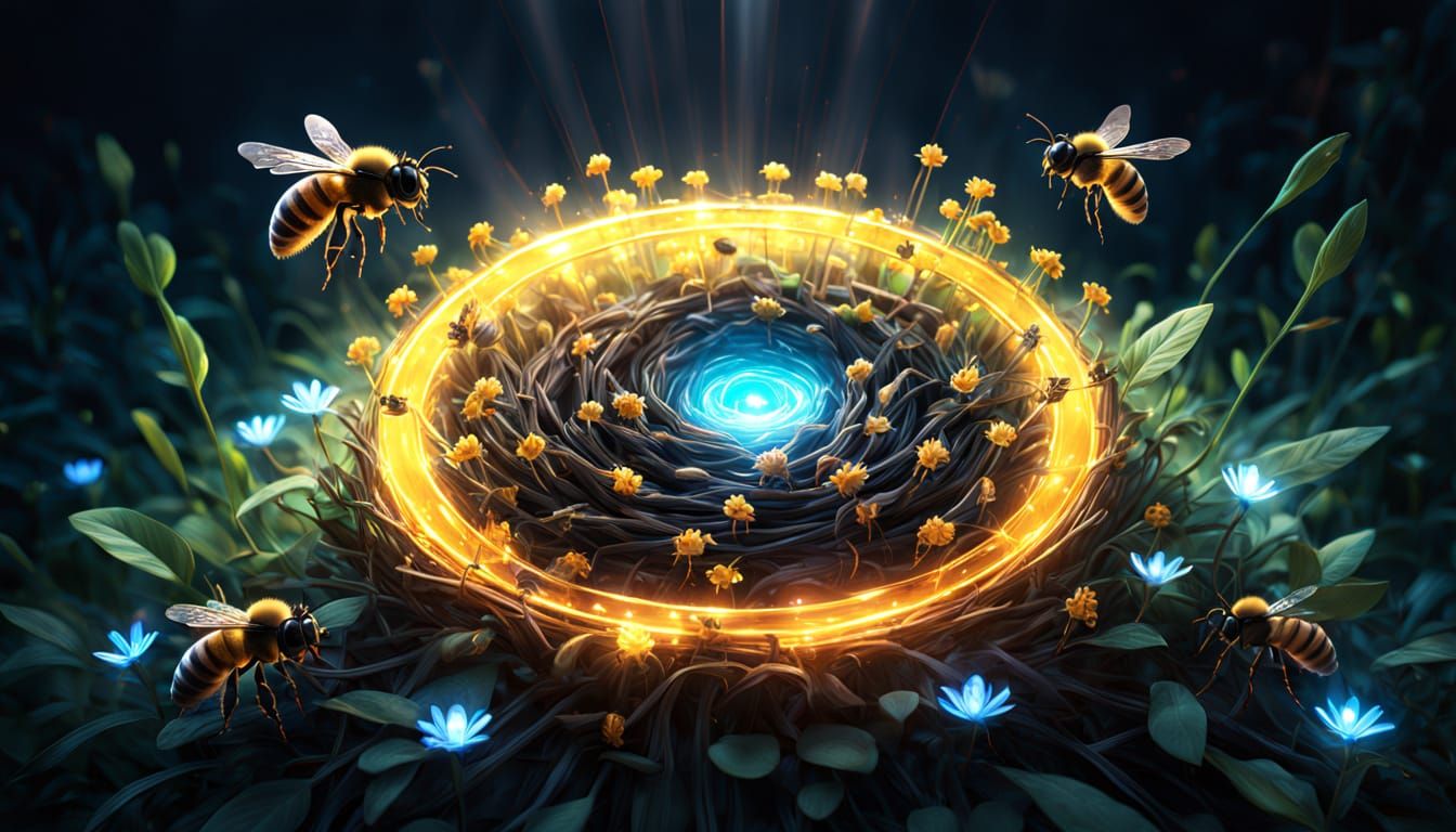 Whimsical Bees' Nest with Glowing Trails of Light