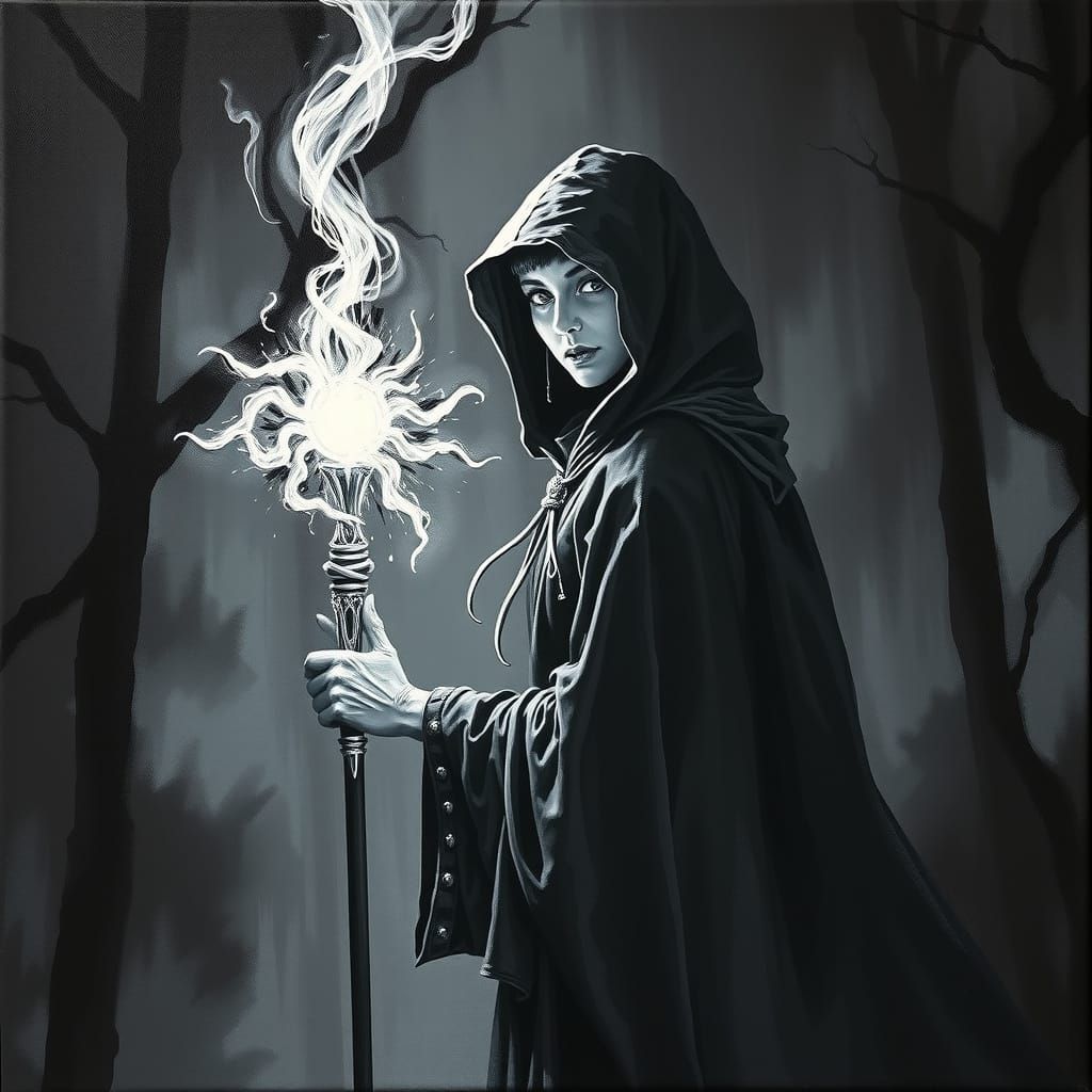 Mystical Sorceress in Dark, Monochromatic Oil Painting