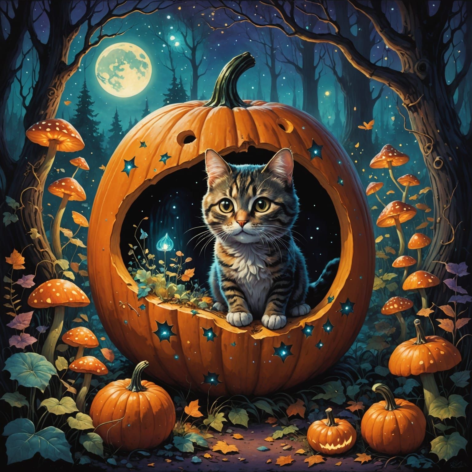 Stardust Cat Peeking From Bioluminescent Pumpkin in Enchante...