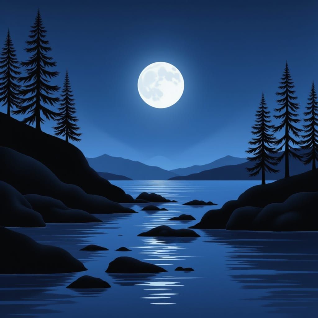 Moonlit Coast: Minimalist Digital Illustration in Geometric ...